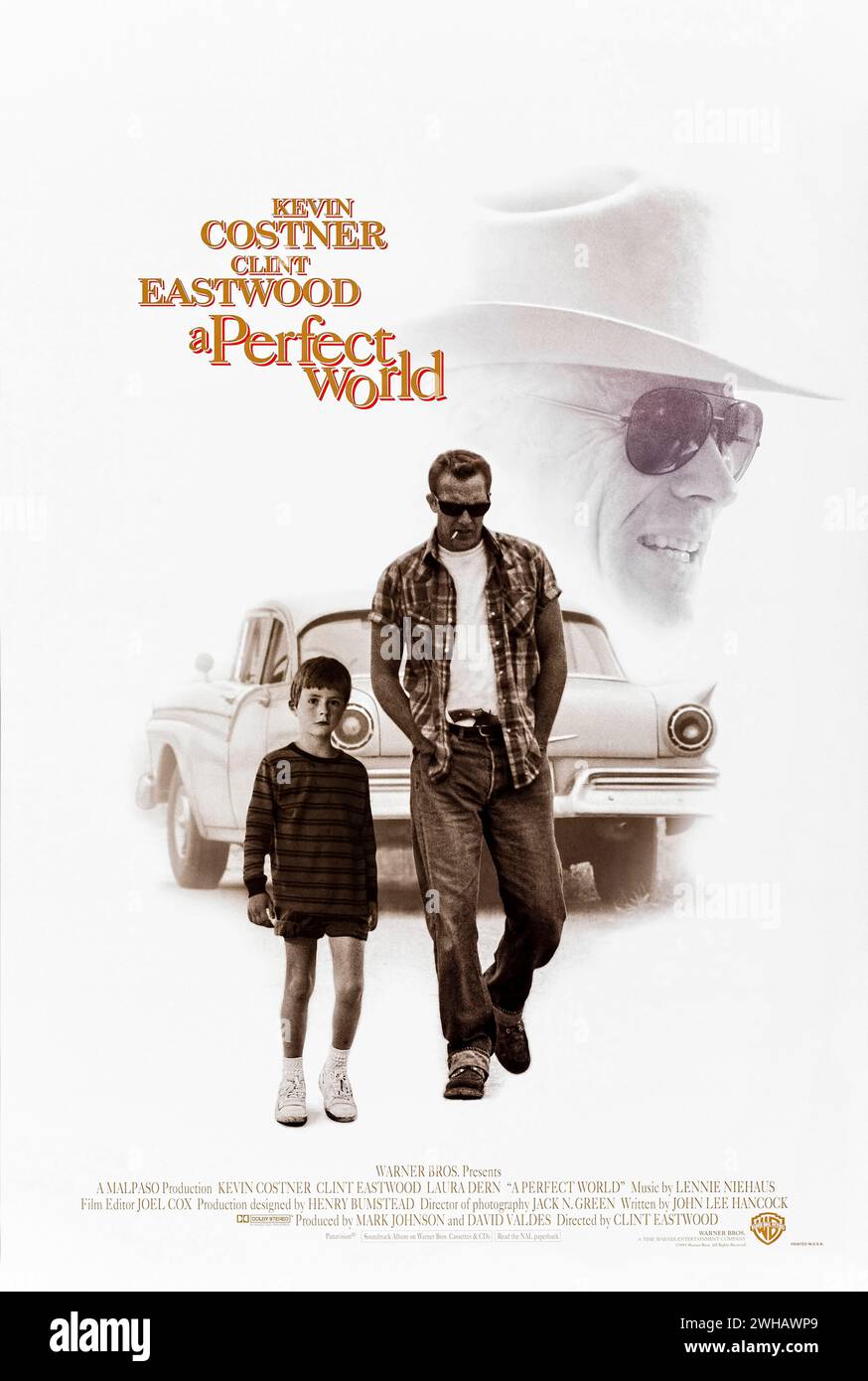 A Perfect World (1993) directed by Clint Eastwood and starring Kevin Costner, Clint Eastwood and Laura Dern. A kidnapped boy strikes up a friendship with his captor, an escaped convict on the run from the law, while the search for him continues. Photograph of an original 1993 US one sheet poster. ***EDITORIAL USE ONLY*** Credit: BFA / Warner Bros Stock Photo