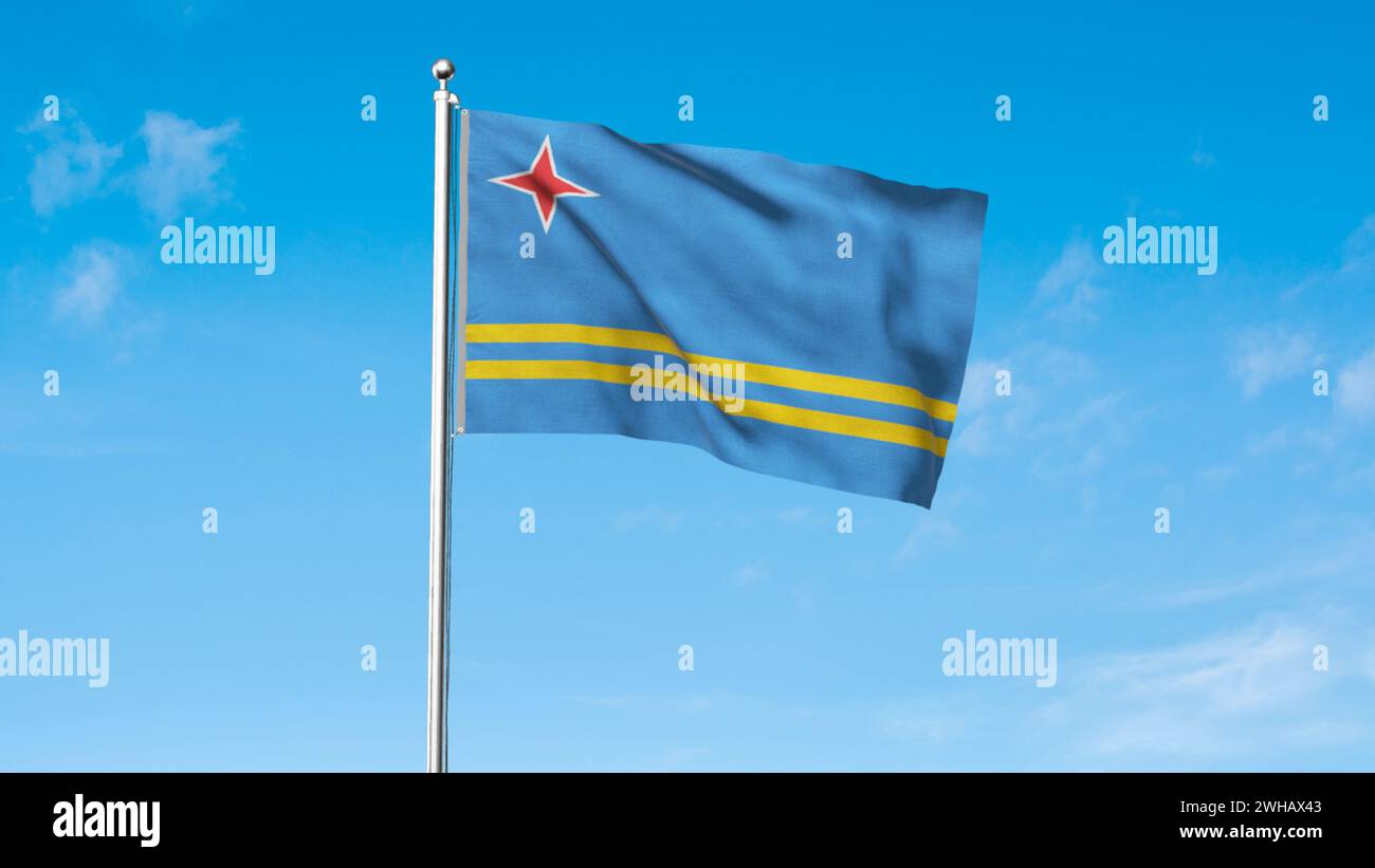High detailed flag of Aruba. National Aruba flag. South America. 3D illustration. Stock Photo