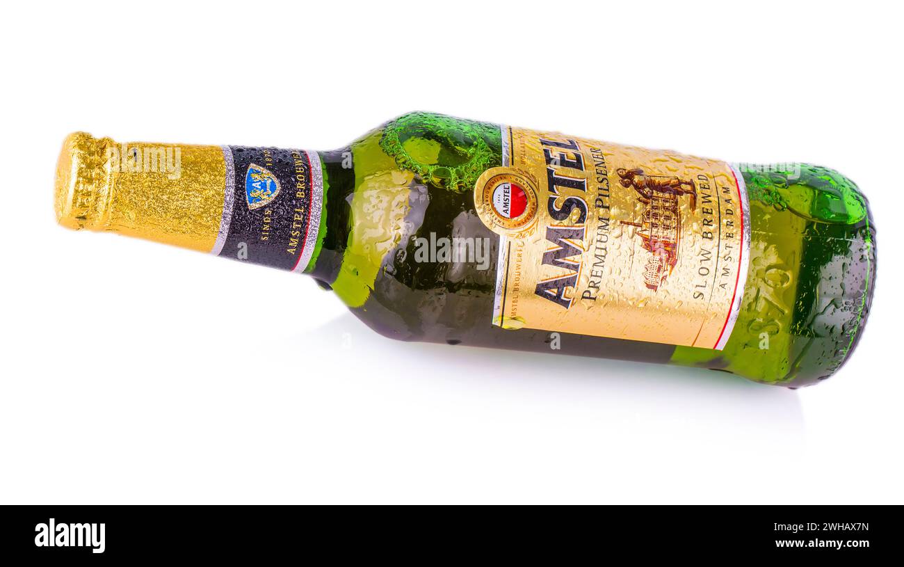 CHISINAU, MOLDOVA - March 16, 2018: Cold bottle of Amstel Premium lager beer on white background. Stock Photo