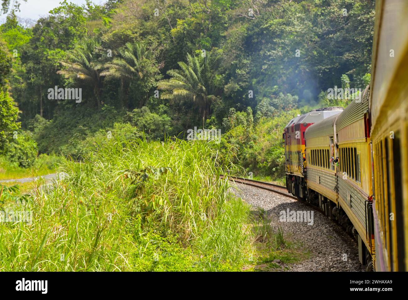 Panama Train Panama - 22 January 2024: Diesel locomotive pulling coaches rounding a ...