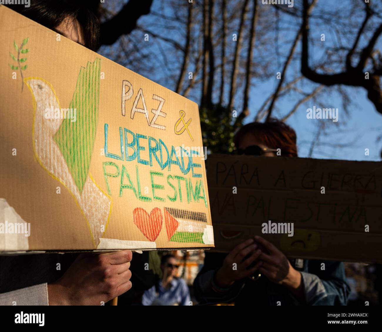 Guimaraes, Portugal - 03 February 2024: Free Palestine cardboard banner, public demonstration showing solidarity with palestinian people Stock Photo