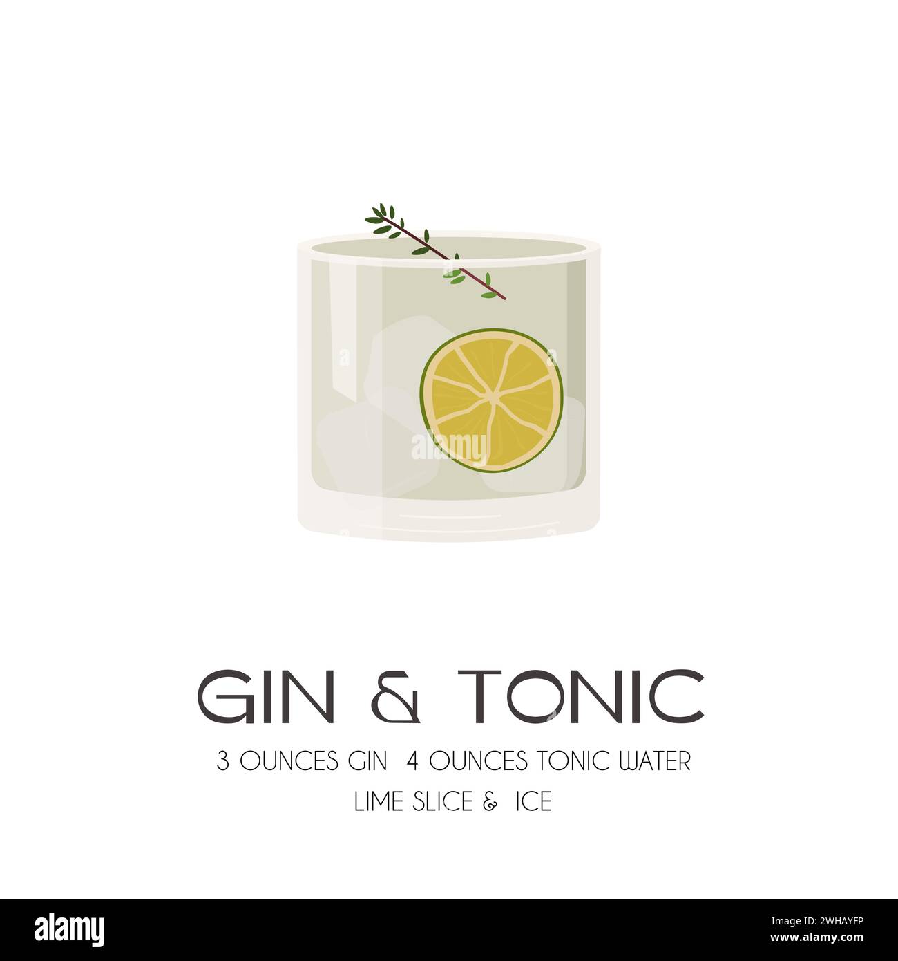 Gin Tonic Cocktail on the rocks garnished with slice of lime and green herb. Summer aperitif retro poster. Minimalist print with alcoholic beverage on Stock Vector