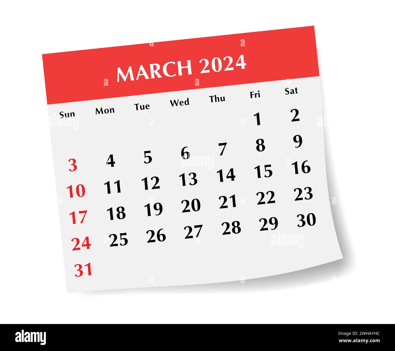 ENGLISH March 2024 calendar. Vector illustration. Monthly planning for