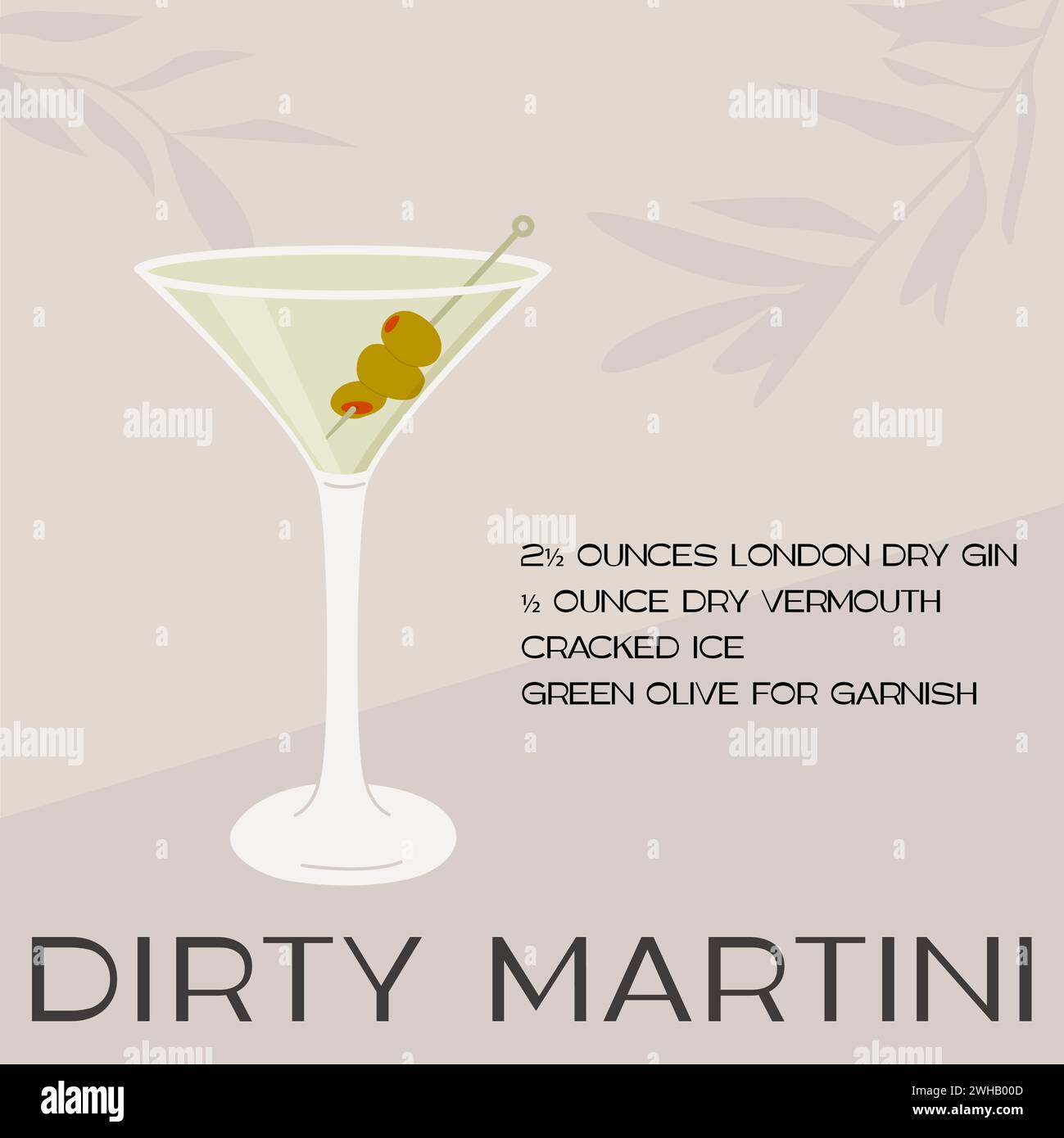 Dirty Martini Cocktail in glass with ice and stuffed olives on skewer. Summer aperitif recipe retro elegant square card. Print with alcoholic beverage Stock Vector