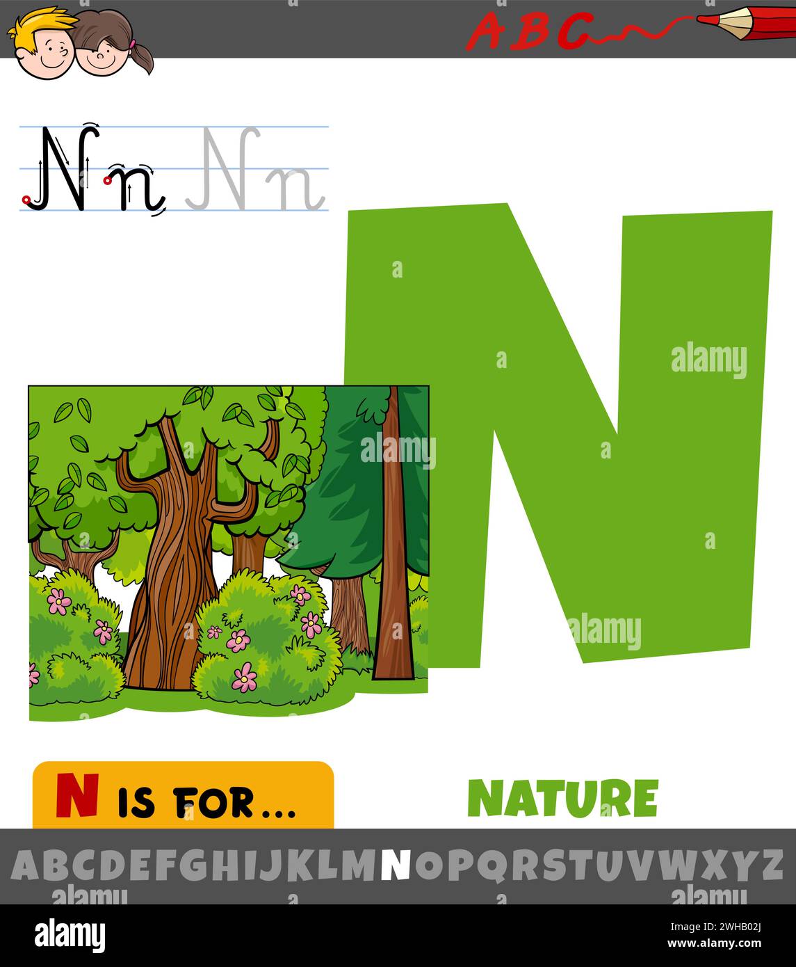 Educational cartoon illustration of letter N from alphabet with nature