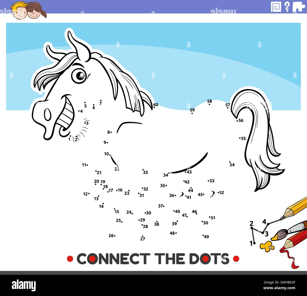 Cartoon illustration of educational connect the dots activity with horse farm animal character Stock Vector