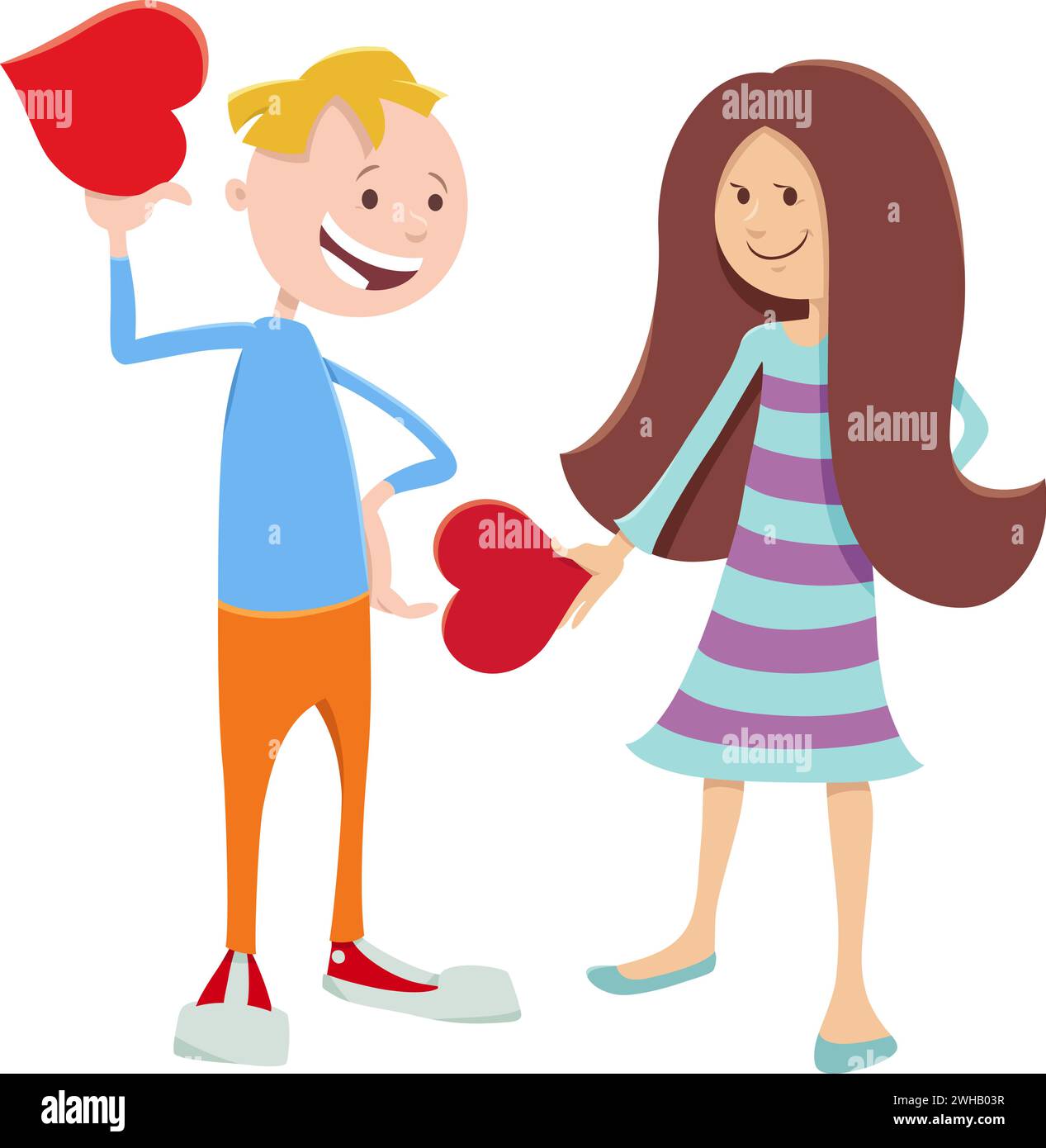 Cartoon illustration with girl and boy characters with Valentines Day ...