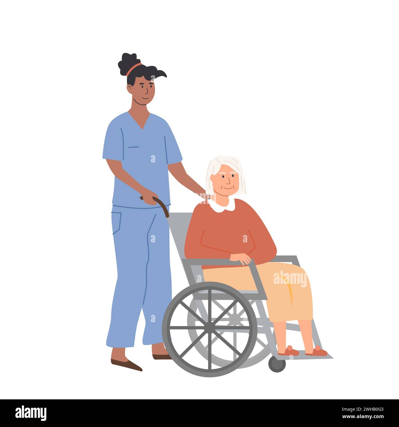 Black nurse or doctor taking care of elderly woman on wheelchair