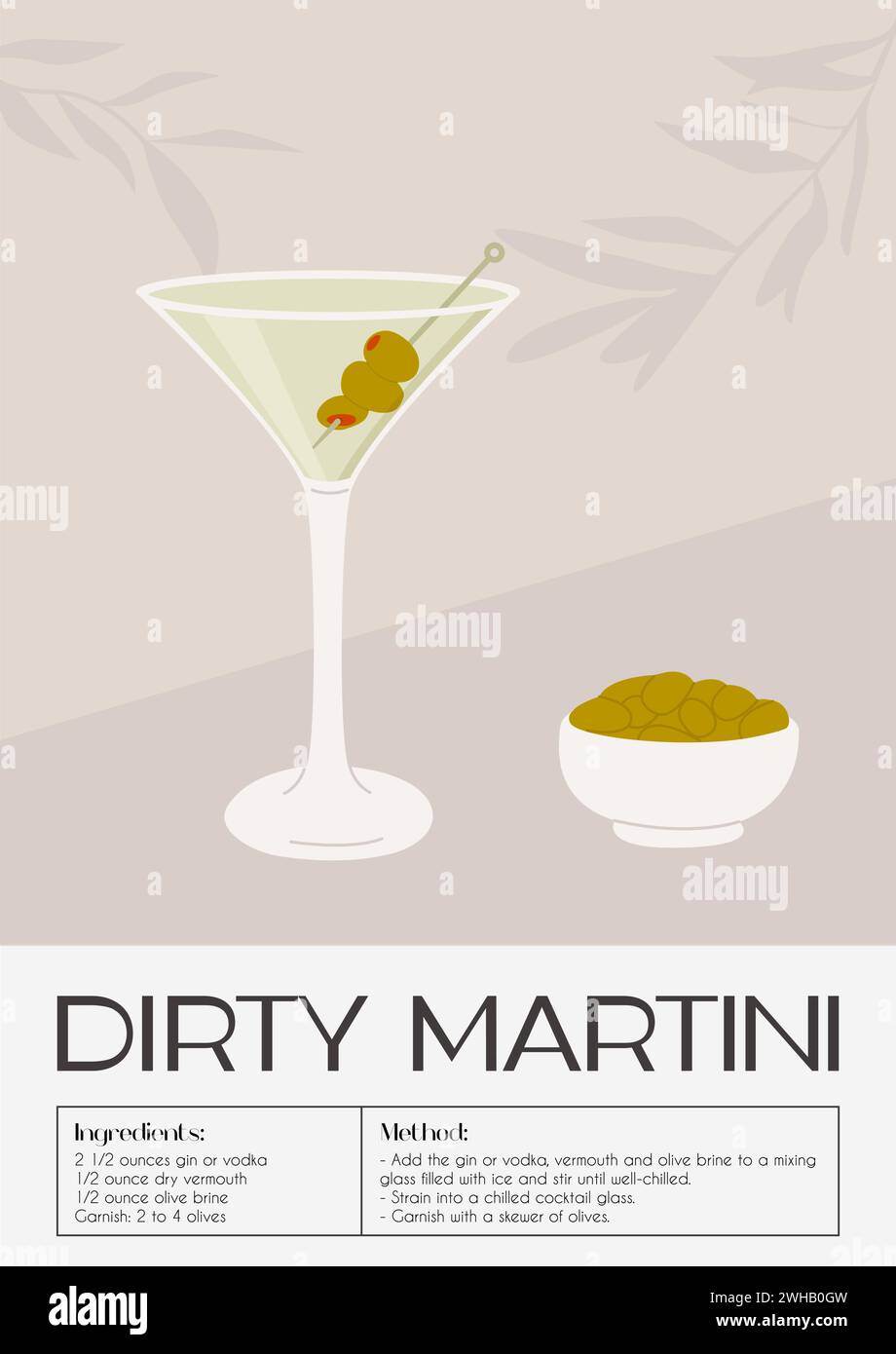 Dirty Martini Cocktail in glass with ice and olives on skewer. Summer aperitif recipe retro elegant poster. Print with classic alcoholic beverage and Stock Vector