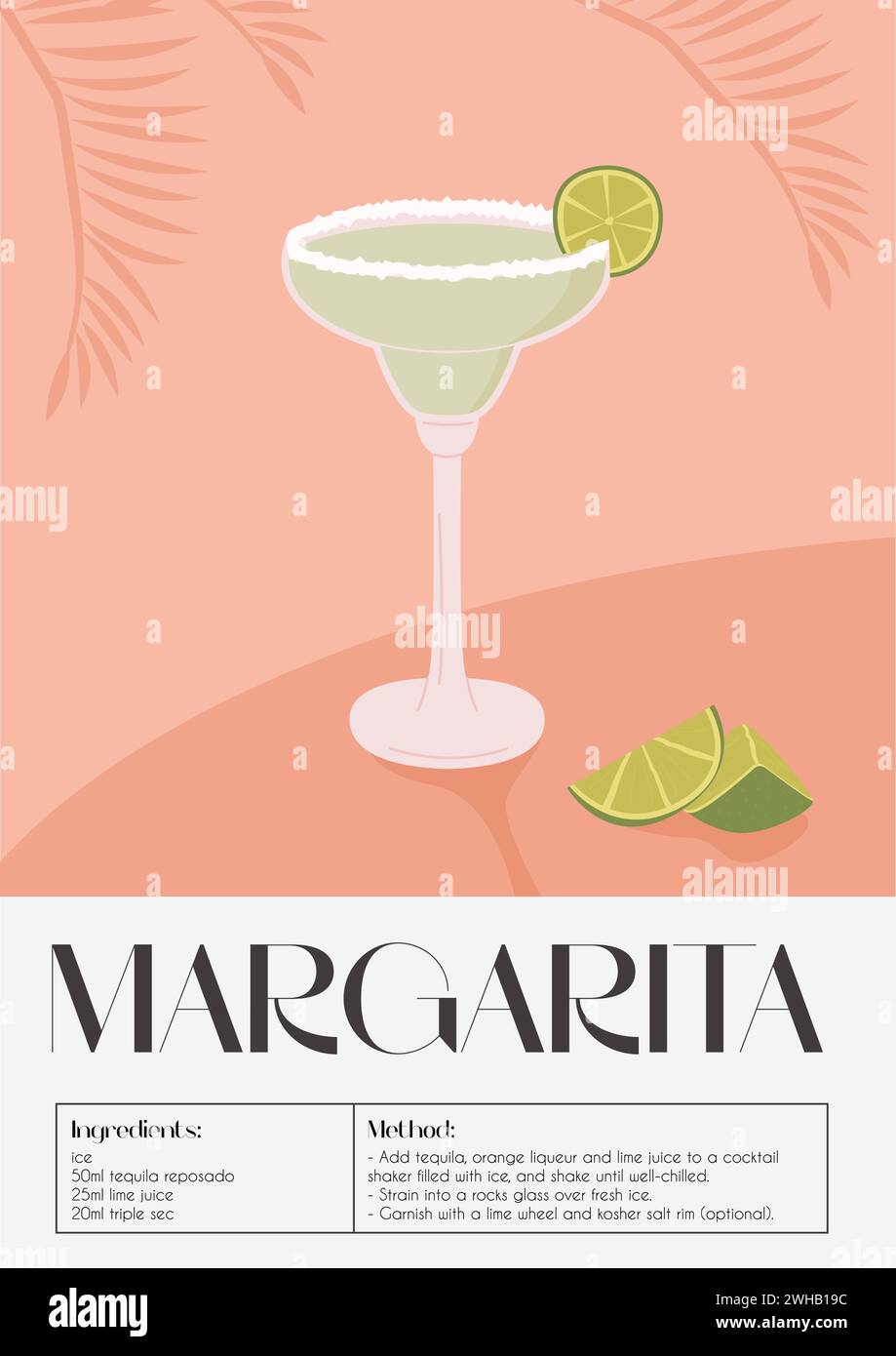Contemporary poster of Margarita cocktail with lime wedge, cutted lime