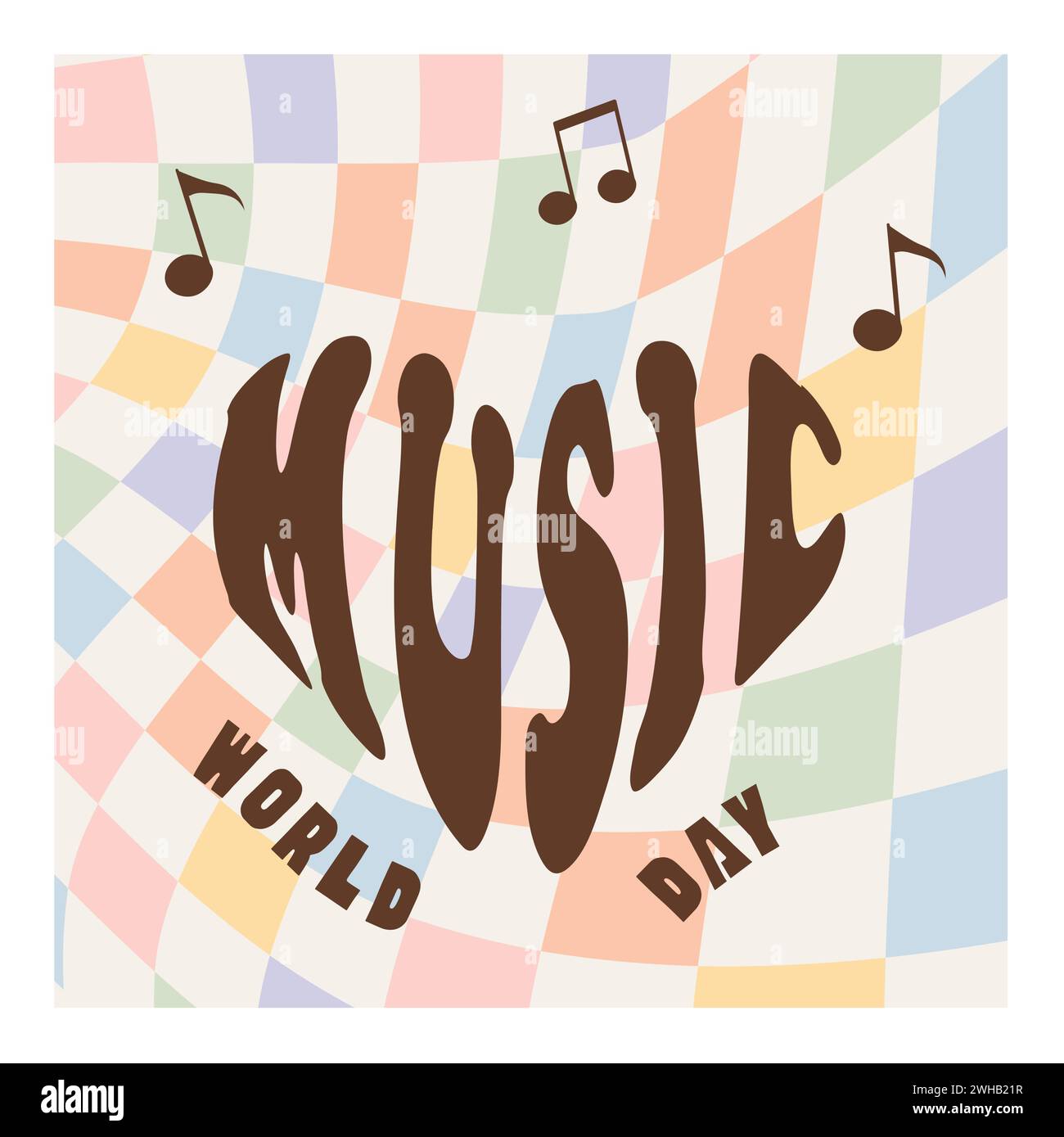 Retro style World Music Day square card, banner design. Vintage music devices, vinyl record disc and cassette tape. Nostalgic old-fashioned vector Stock Vector