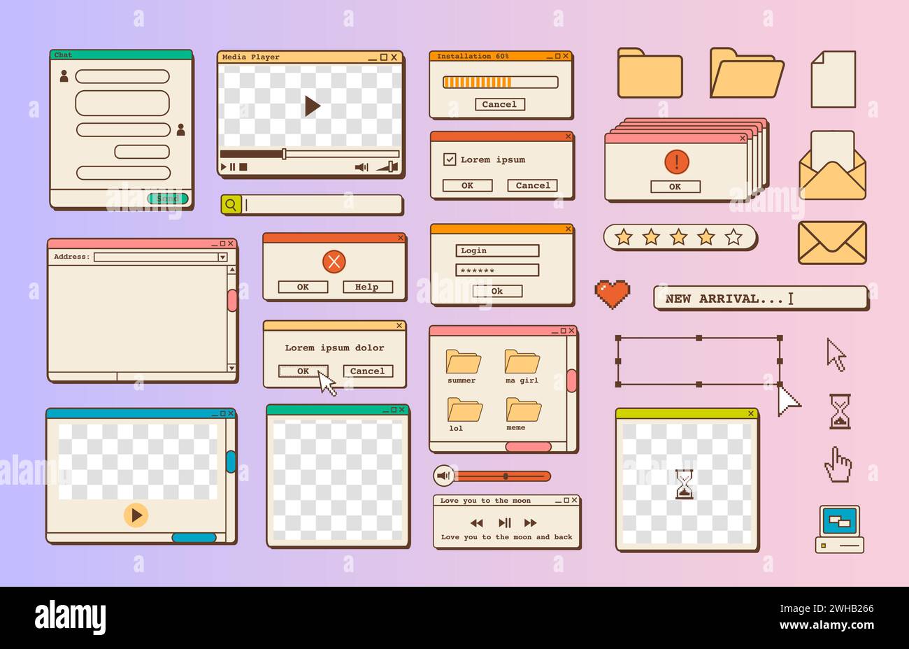 Big set of retro vaporwave desktop browser and dialog window templates. 80s 90s old computer user interface elements and vintage aesthetic icons Stock Vector