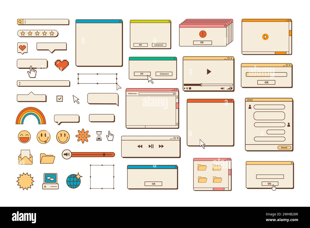 Big set of retro vaporwave desktop browser and dialog window templates. 80s 90s old computer user interface elements and vintage aesthetic icons Stock Vector