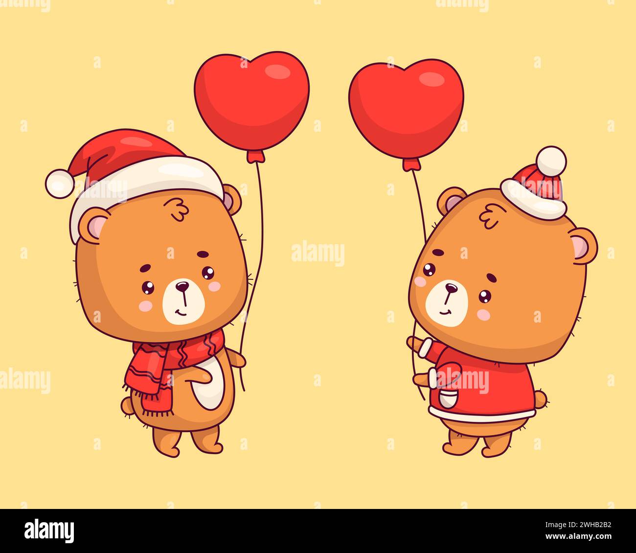 Cute bears with balloon. Romantic teddy bear boy and girl in winter clothes. Isolated festive enamored animals kawaii character. Vector illustration. Stock Vector