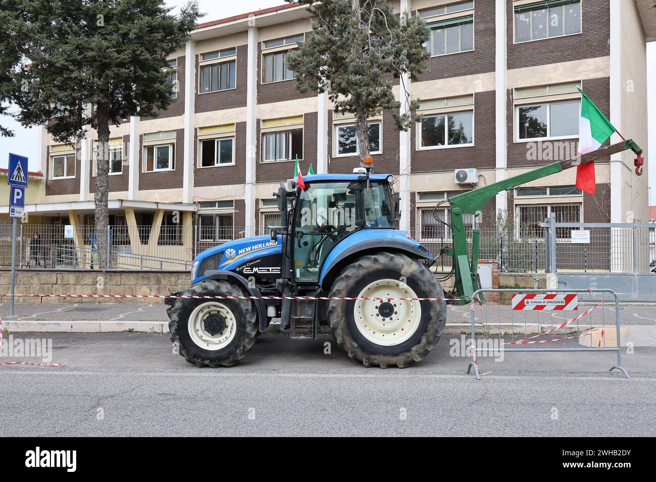 A farmer tractor during the demonstration in Grazzanise, to protest against the 'Green Deal' initiatives, approved by the European Commission. Stock Photo