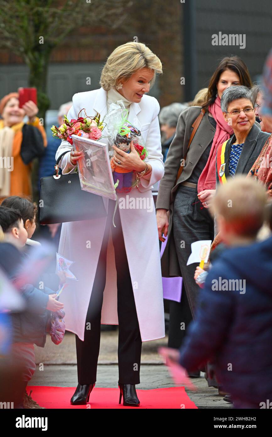 Queen Mathilde of Belgium meets citizens as she arrives for a royal