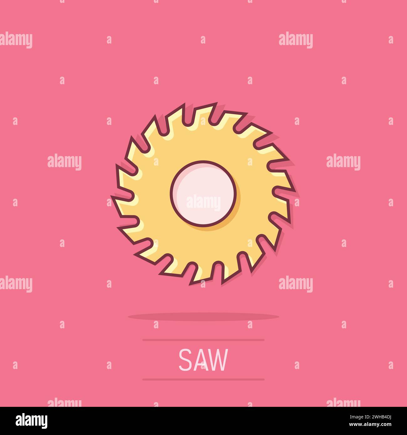 Saw blade icon in comic style. Circular machine cartoon vector illustration on isolated background. Rotary disc splash effect business concept. Stock Vector