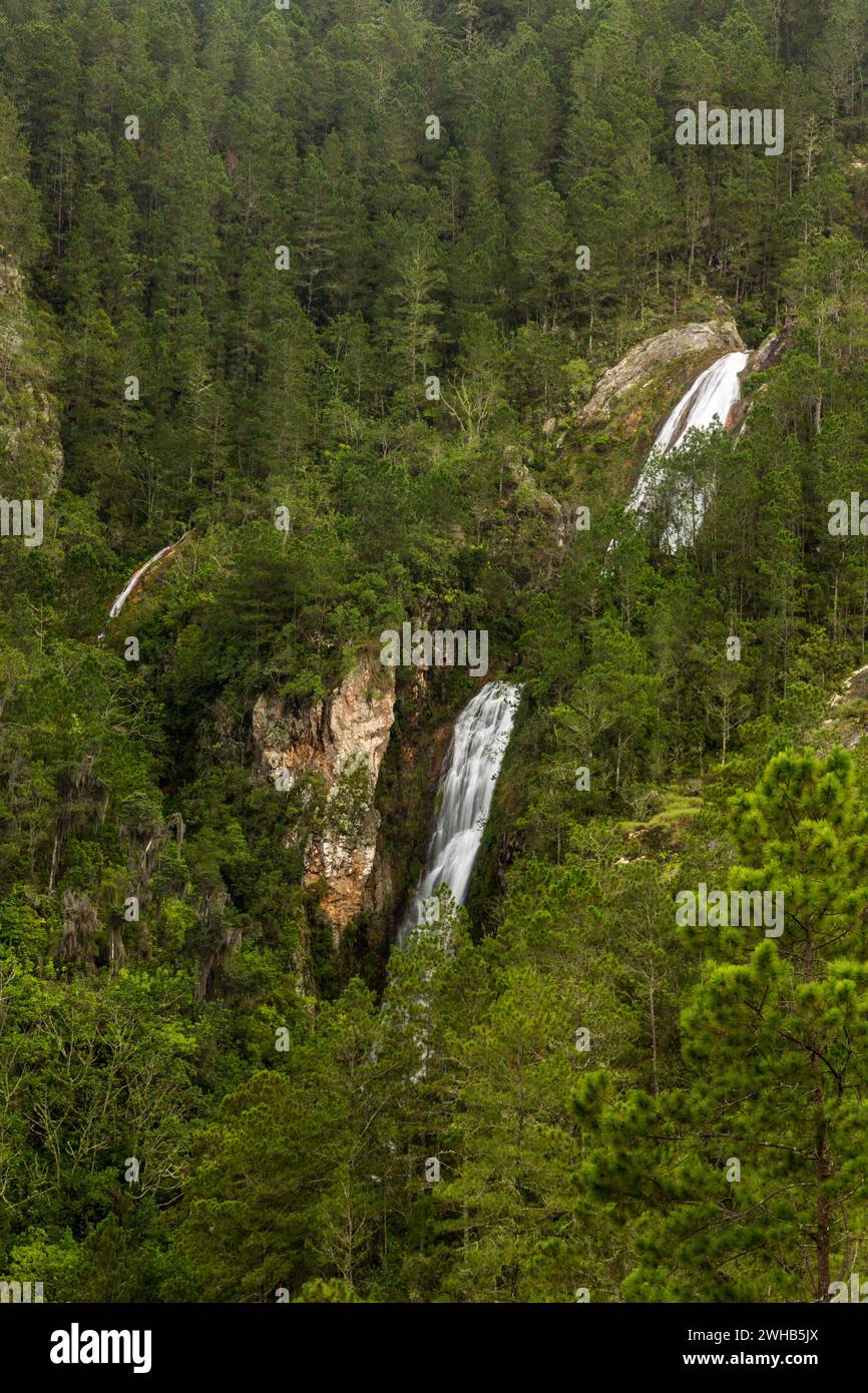 The Salto de Aguas Blancas waterfall in the mountains of Valle Nuevo National Park in the Dominican Republic. Stock Photo