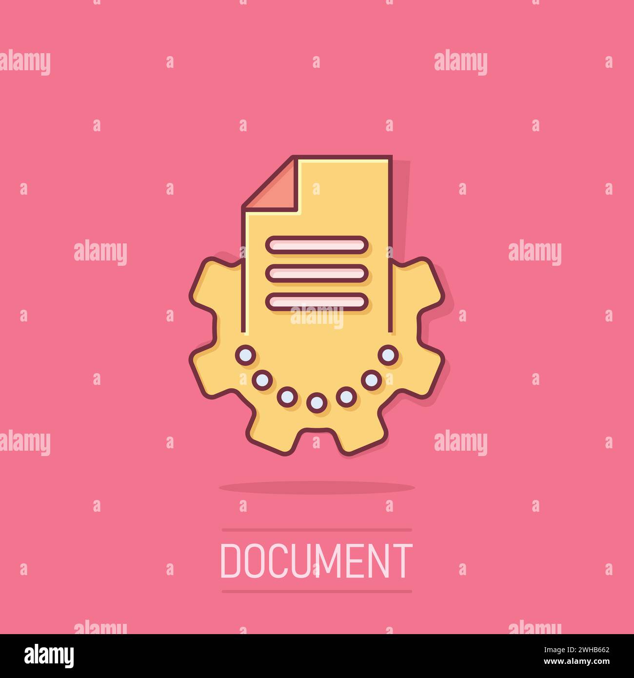 Document with gear icon in comic style. Big data processing cartoon vector illustration on isolated background. Paper sheet software  splash effect so Stock Vector
