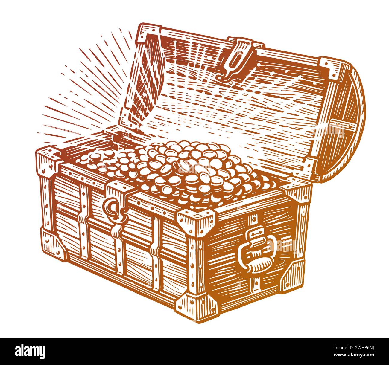 Open treasure chest full of gold coins. Hand drawn sketch vintage vector illustration Stock Vector