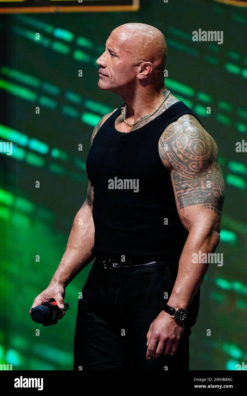 Las Vegas, Nv, United States. 08th Feb, 2024. LAS VEGAS, NV - February 8, 2024 : Dwayne “The Rock” Johnson, Ten-Time WWE World Champion at T-Mobile Arena for Wrestlemania XL kickoff on February 8, 2024 in Las Vegas, NV, United States. (Photo by Louis Grasse/PXimages) Credit: Px Images/Alamy Live News Stock Photo