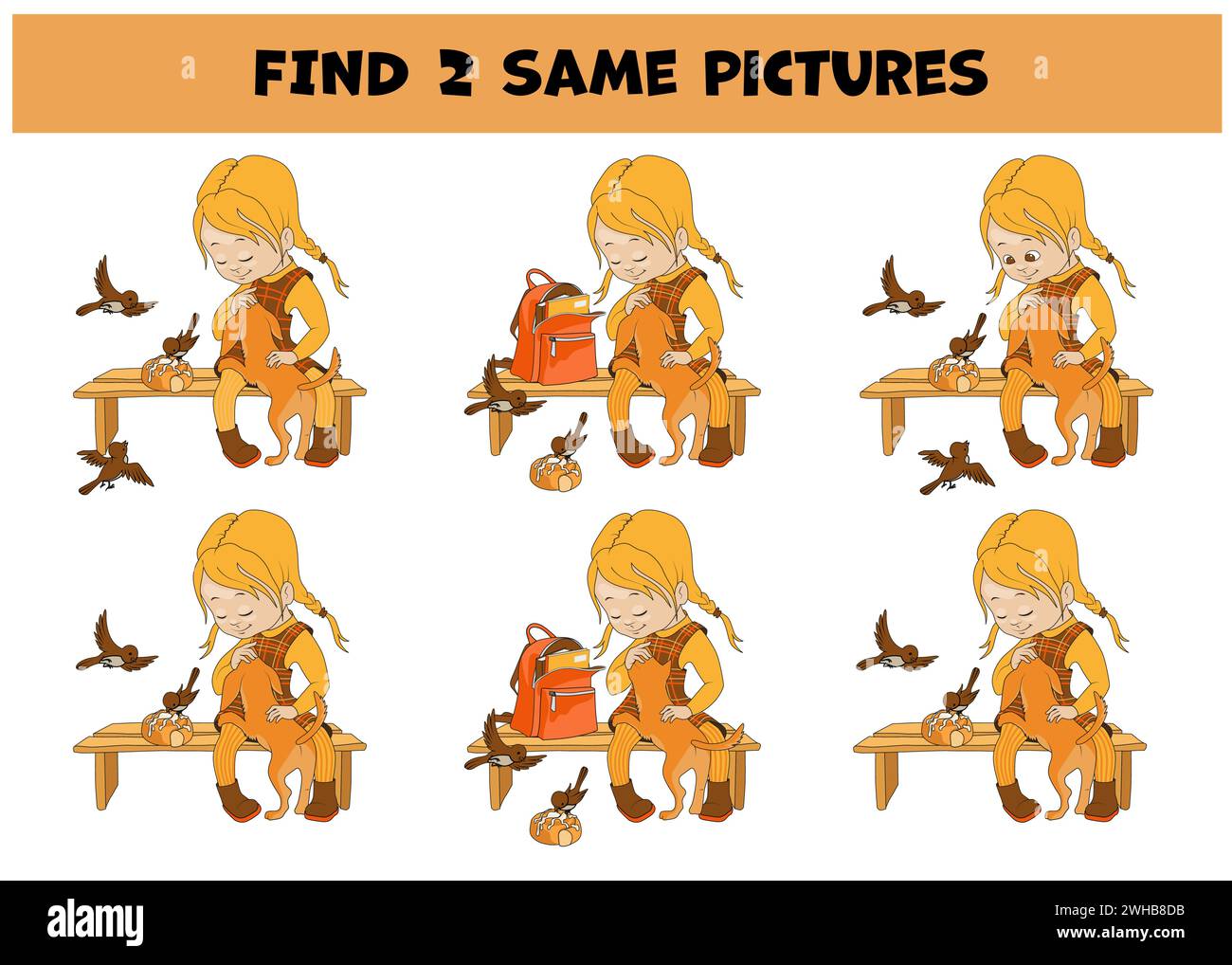 Find two same pictures. Cute schoolgirl sits on a bench, pets a puppy and feeds the birds. Educational matching game for kids with cartoon character. Stock Vector