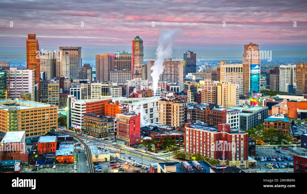Detroit, Michigan, USA downtown skyline from above at dawn. Stock Photo
