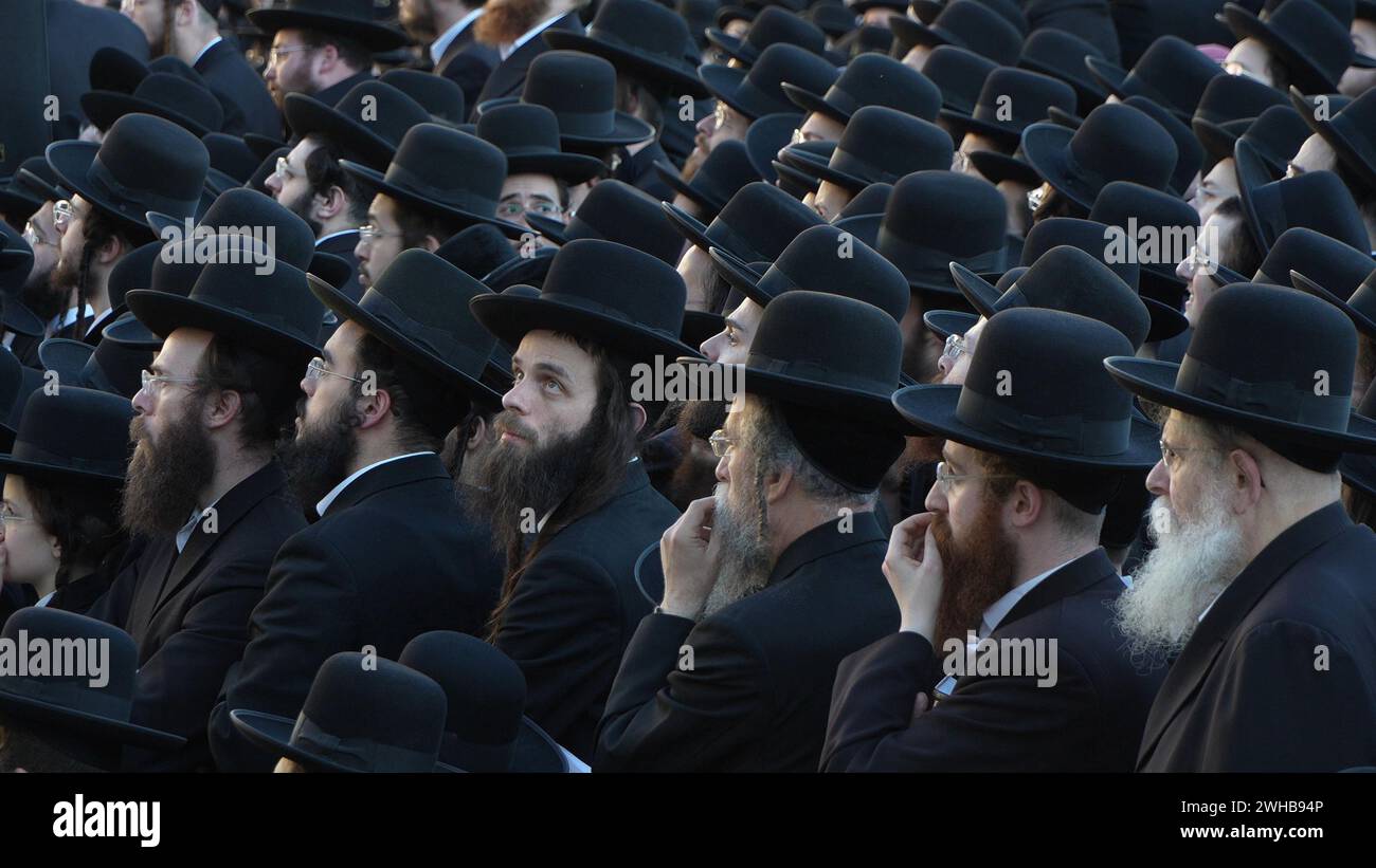 Ultra-Orthodox Jews gather for a prayer rally in the Western Wall, pleading for Israel's salvation, the release of hostages, and the safety of soldiers., amidst conflict in the north and south of the country on February 8, 2024 in Jerusalem. Israel Stock Photo