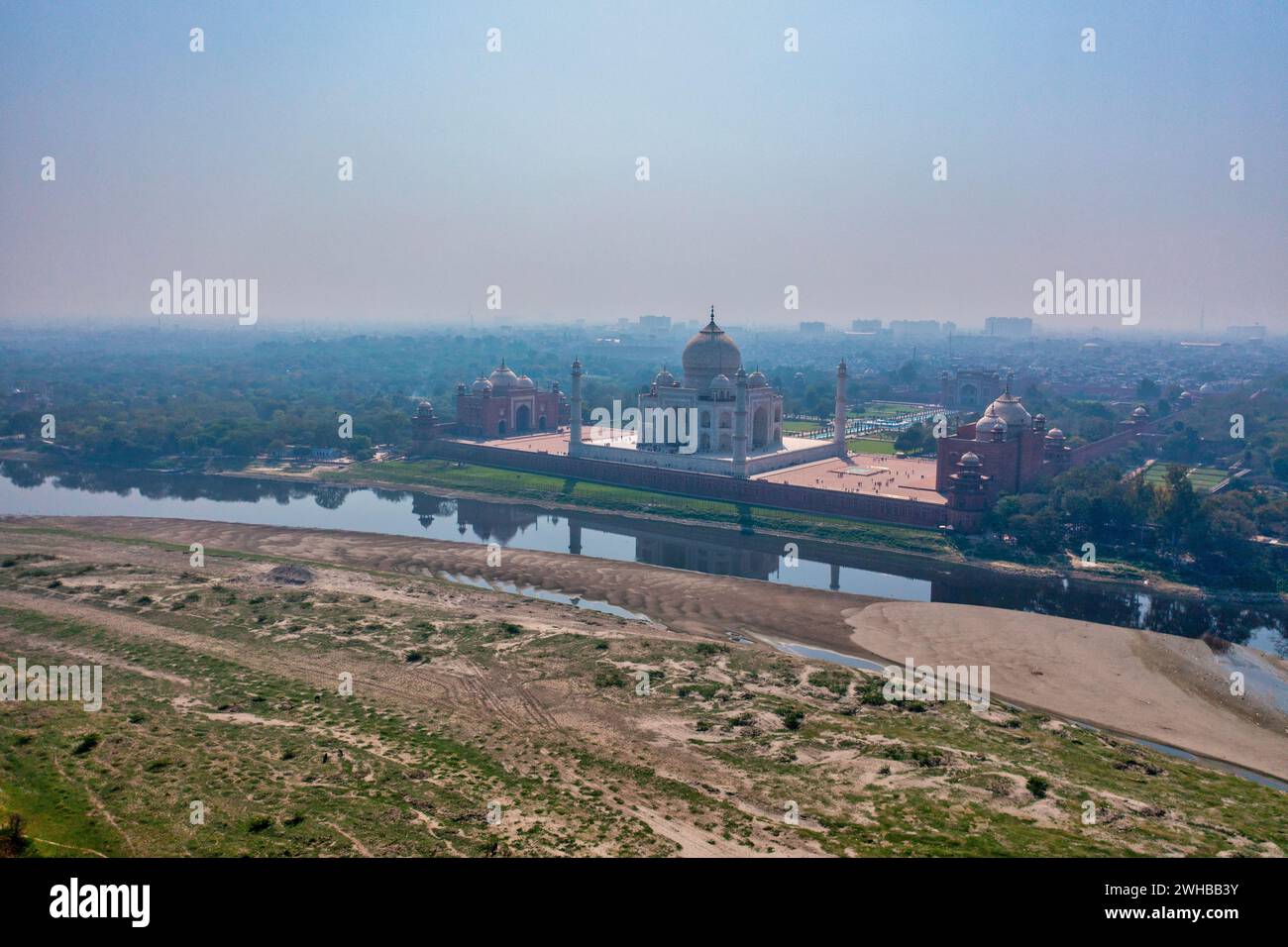 Aerial view of the Taj Mahal along Yamuna river, Agra, Uttar Pradesh ...