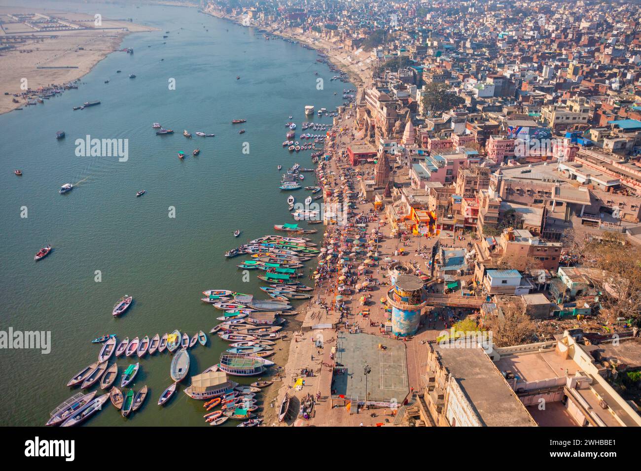 Aerial view of Varanasi, the spiritual capital of India and Ghats in Varanasi at Ganges river in Varanasi, Uttar Pradesh, India. Stock Photo