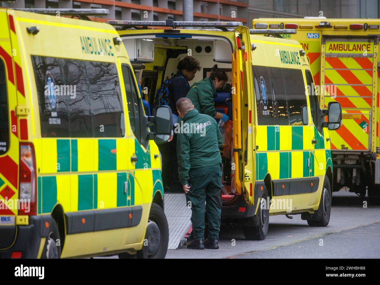 London, UK. 9th Feb, 2024. A line of Ambulances outside the Accident and Emergency Department at the Royal London Hospital. The number of people waiting more than 12 hours in A & E hit 54,308 in January, up from 22,045 in December. NHS England has said the figures come after A&E and ambulance services experienced their busiest-ever January. It said there were 2.23 million A&E attendances, with more than a 10% increase in emergency admissions from A&E compared with the same month last year. Credit: Karl Black/Alamy Live News Stock Photo