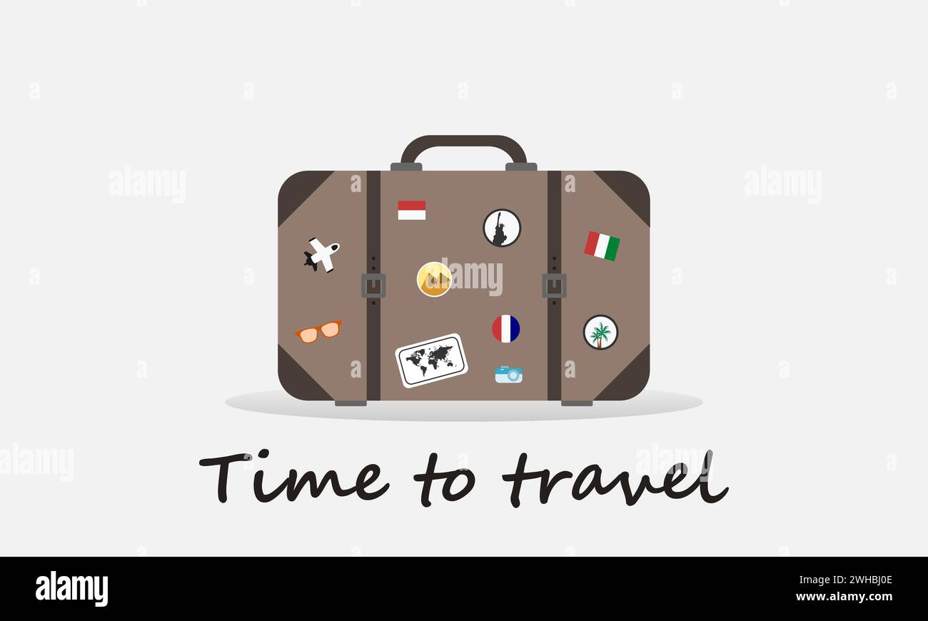 Travel concept with old vintage leather suitcase with travel stickers. Time to travel. Vector illustration. Stock Vector