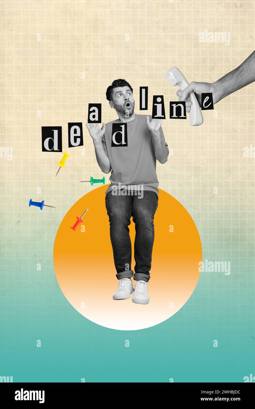Vertical collage picture illustration black white filter scary afraid stressed man burn deadline time gradient white turquoise background Stock Photo
