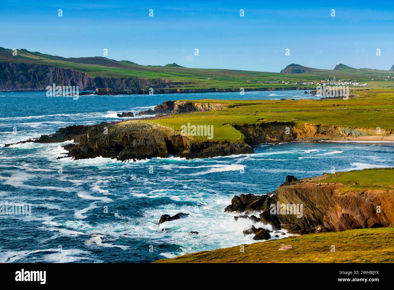 From Clougher Head looking over Ferriter's Cove, towards Sybil Point, Dingle Peninsula, County Kerry, Ireland Stock Photo