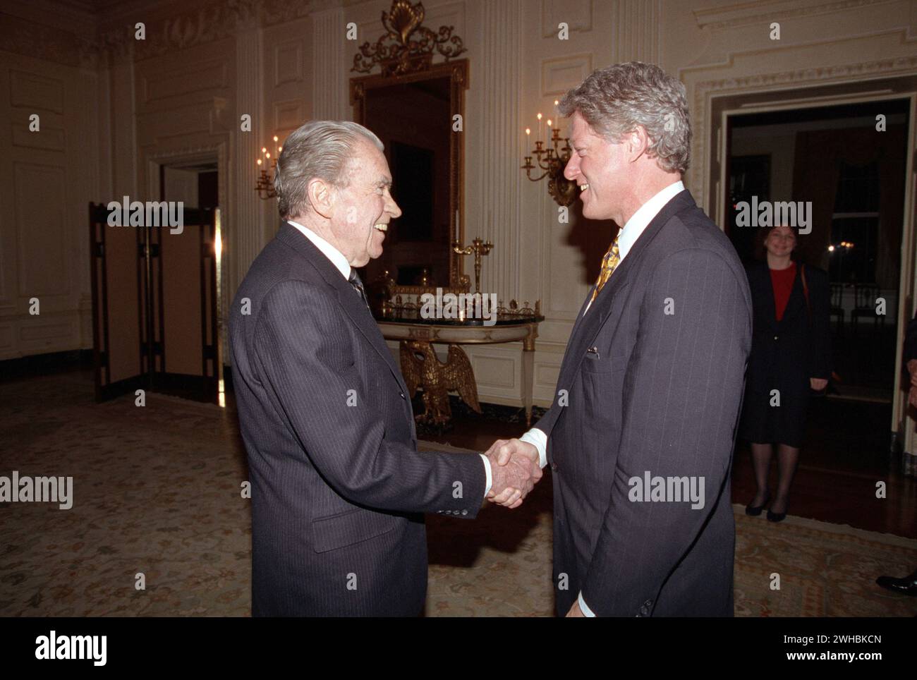 President Bill Clinton Meets With Former President Richard Nixon At The White House 1993 Stock