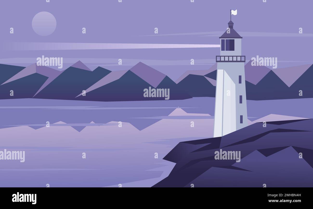 Lighthouse on seashore at night. Vector illustration Stock Vector Image ...