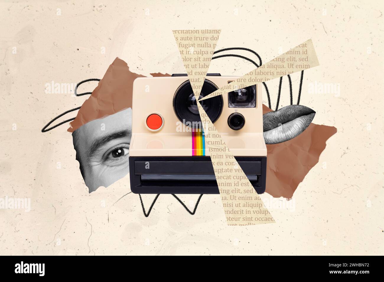Camera Collage Background Collage picture of happy person using vintage camera professional ...