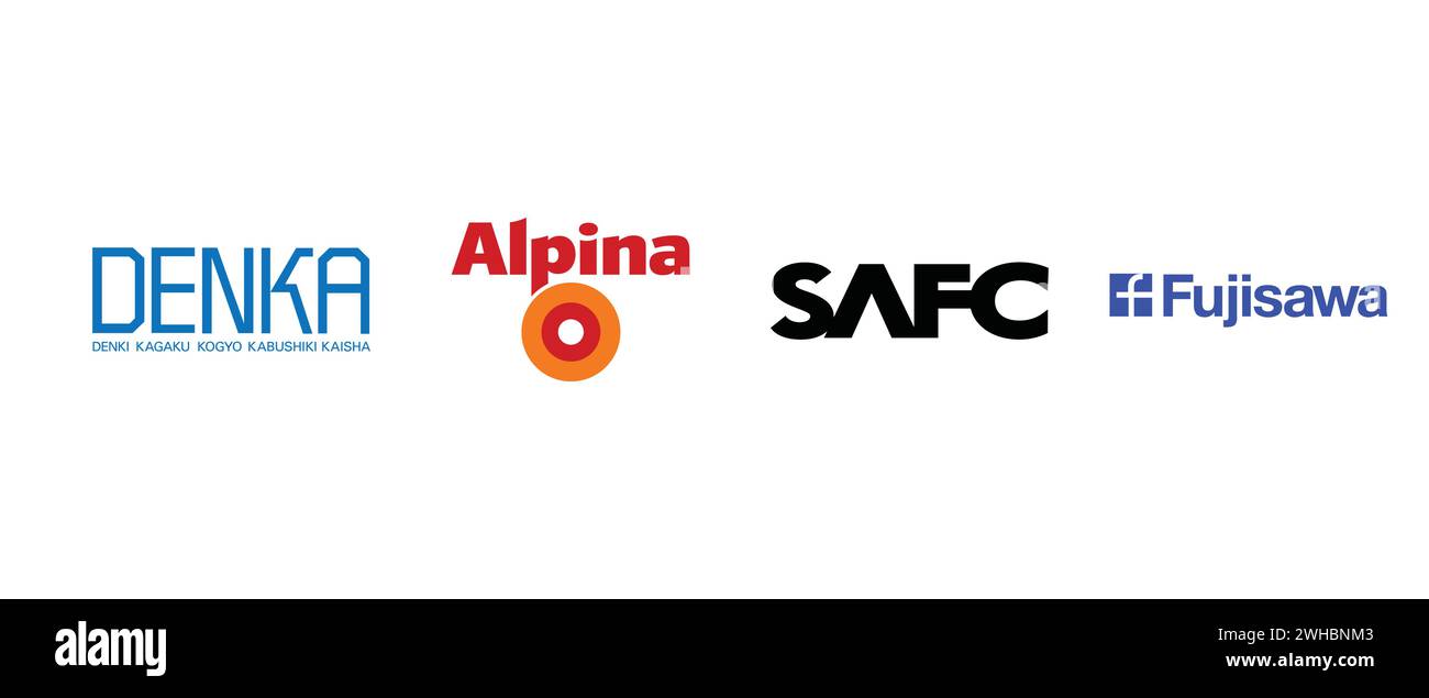 Alpina Farben, Fujisawa, SAFC, Denka. Vector illustration, editorial logo. Stock Vector