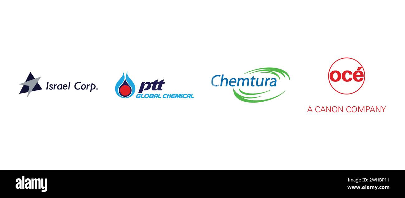 Israel Corp, Chemtura Corporation, Oce, PTT Global Chemical. Vector illustration, editorial logo. Stock Vector