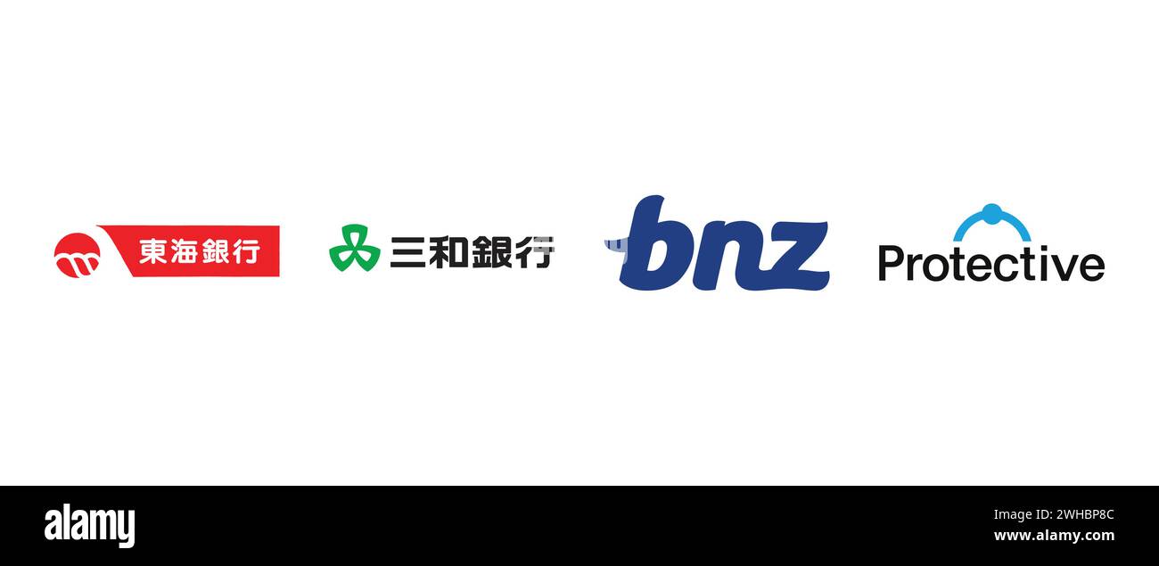 Protective Life, Bank of New Zealand, Sanwa Bank, Tokai Bank. Vector illustration, editorial logo. Stock Vector