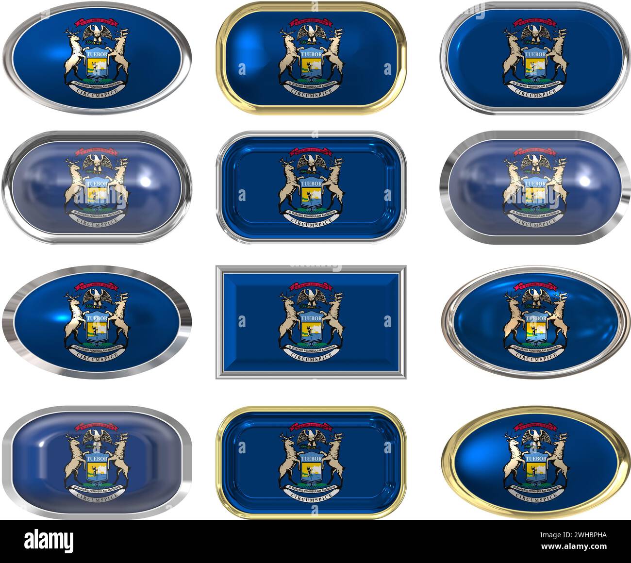 Twelve Great buttons of the Flag of Michigan Stock Photo - Alamy