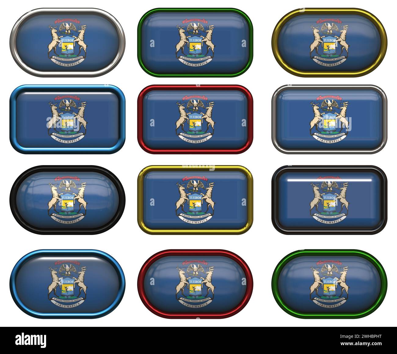 Twelve Great buttons of the Flag of Michigan Stock Photo - Alamy