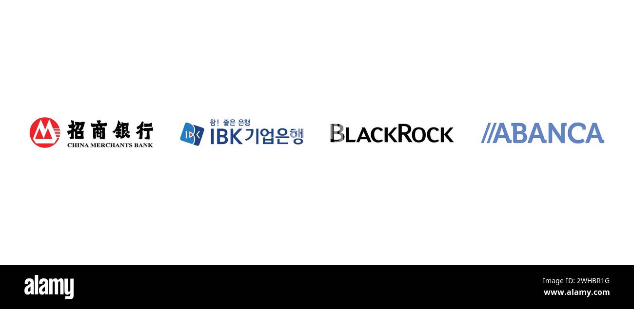 Black Rock, China Merchants Bank, Abanca, Industrial Bank of Korea. Vector illustration, editorial logo. Stock Vector