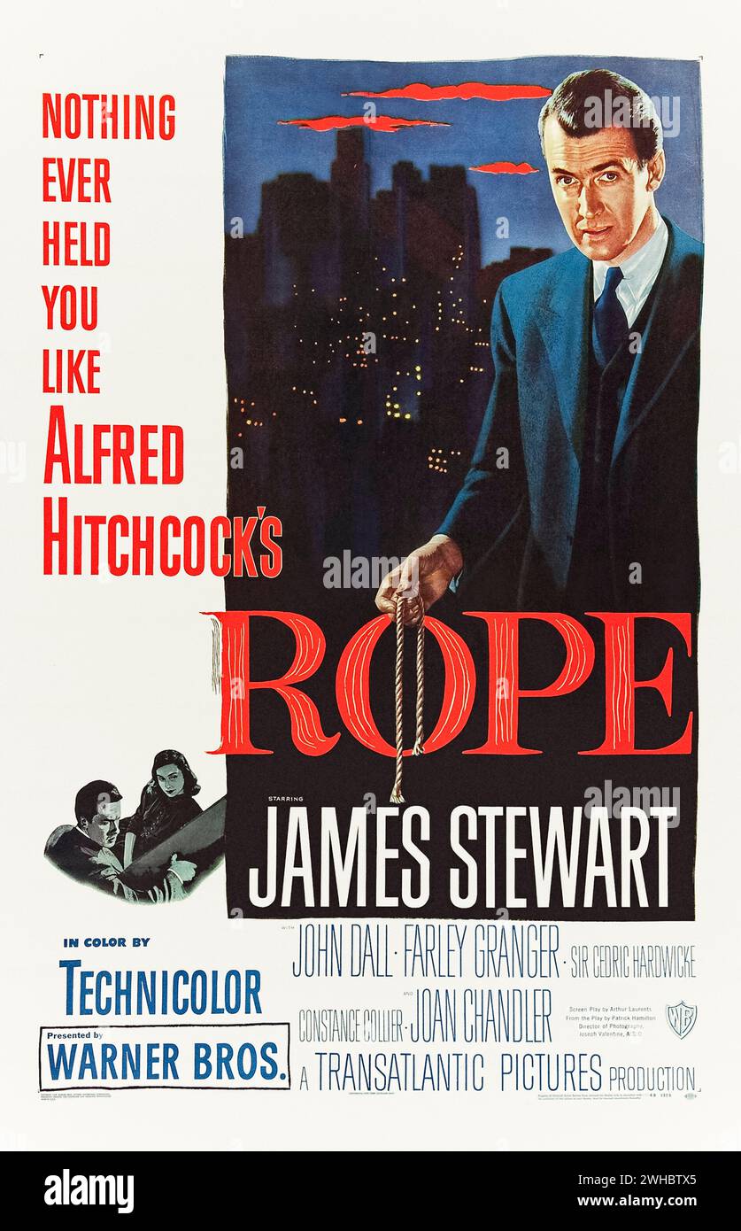 Rope (1948) directed by Alfred Hitchcock and starring James Stewart, John Dall and Farley Granger. Two men attempt to prove they committed the perfect crime by hosting a dinner party after strangling their former classmate to death. Photograph of an original fully restored linen backed 1948 US one sheet poster. ***EDITORIAL USE ONLY*** Credit: BFA / Private Collection / Warner Bros Stock Photo