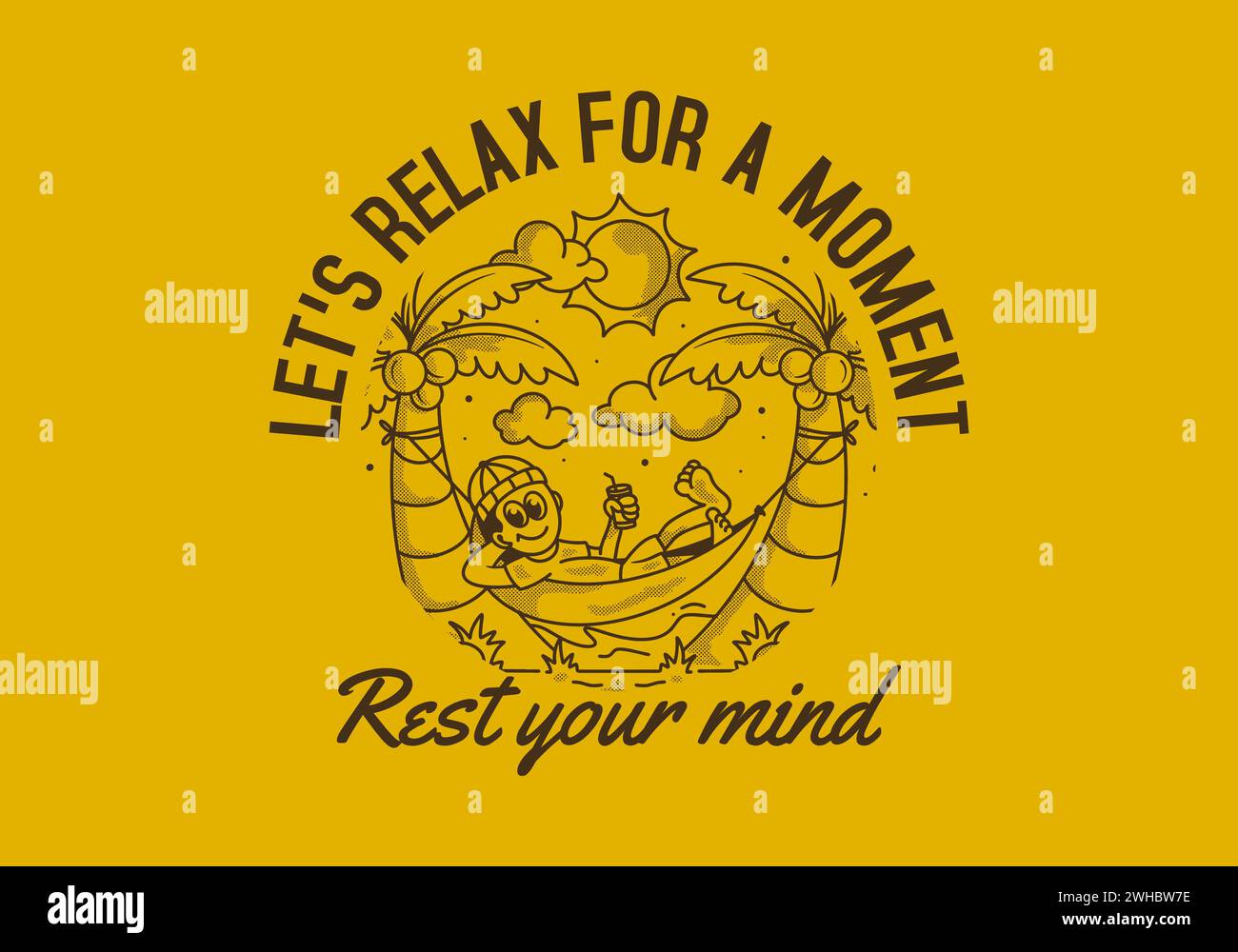 Rest your mind, let's relax for a moment. Retro illustration of a guy hanging on the hammock Stock Vector