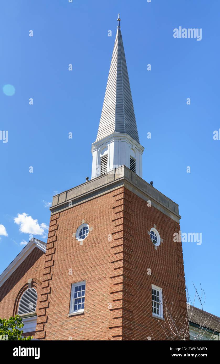 The steeple of Hostetter Chapel at Messiah University, an evangelical Christian college in Mechanicsburg, Pennsylvania USA Stock Photo