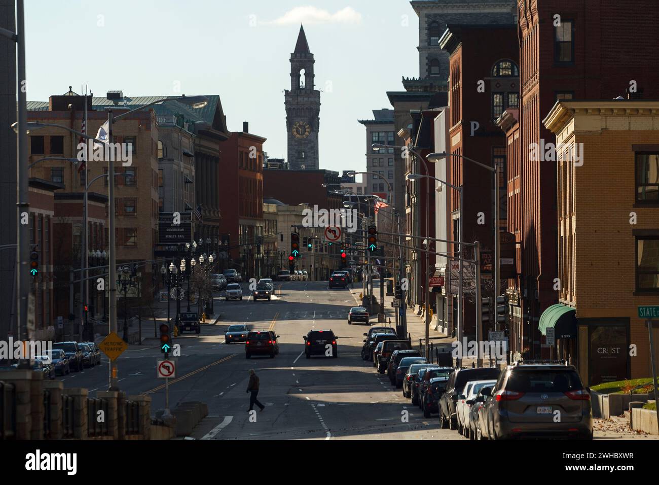 A view down Main Street in Worcester, Massachusetts, USA the second largest city in New England. Stock Photo