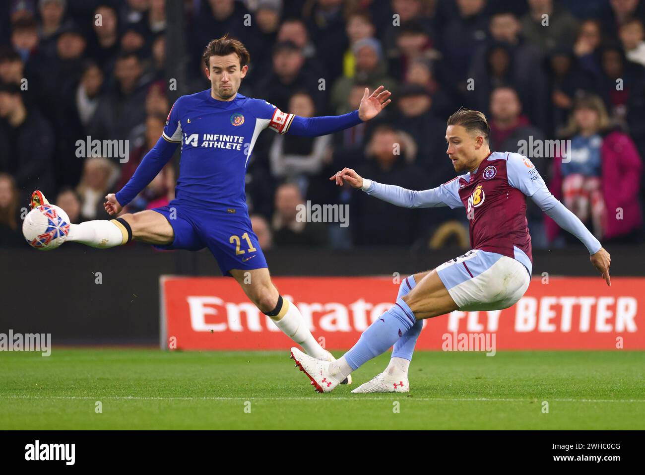 Ben Chilwell of Chelsea with Matty Cash of Aston Villa during the Emirates FA Cup Fourth Round Replay match between Aston Villa and Chelsea at Villa Park. Stock Photo