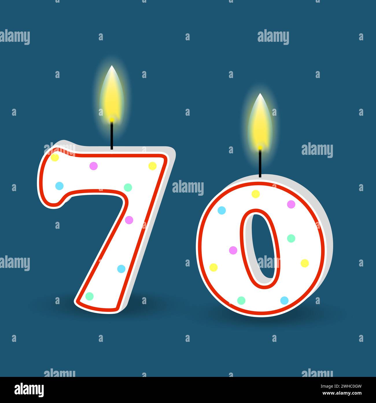 Birthday number seventy, candle with fire. 3D number 70. Vector illustration. EPS 10. Stock image. Stock Vector