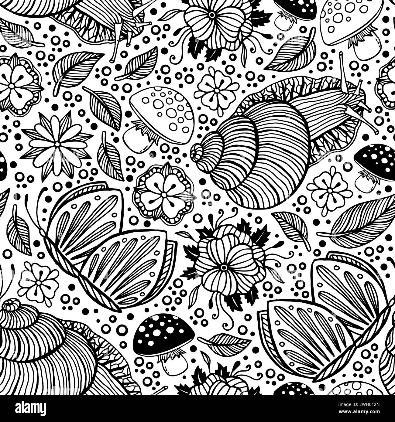 Black and White Hand Drawn Snails Leaves and Flowers. Vector Seamless Pattern Stock Vector